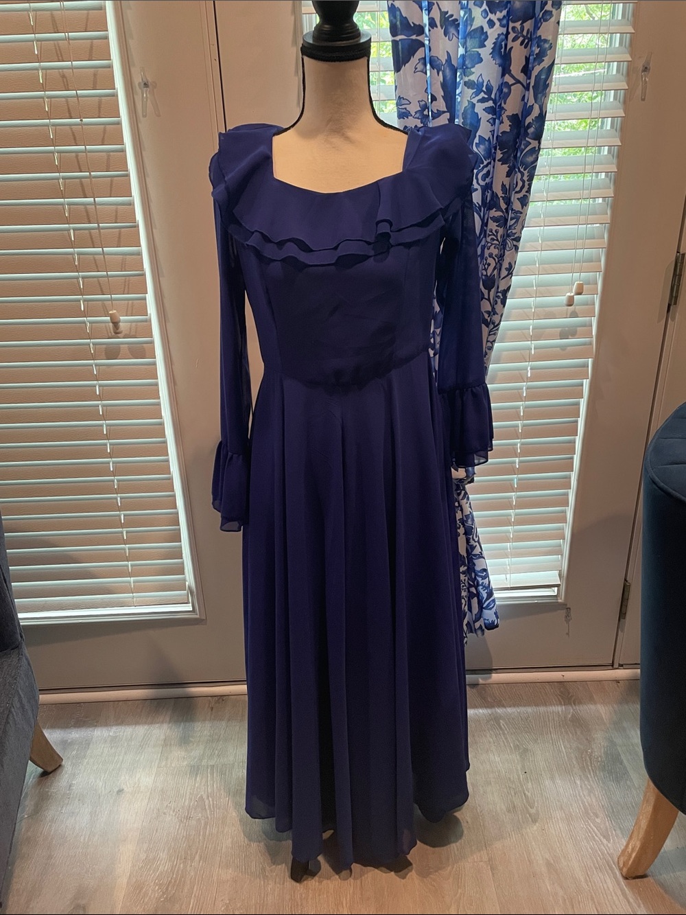 SHEIN Royal Blue Long-Sleeve Ruffle Maxi Dress